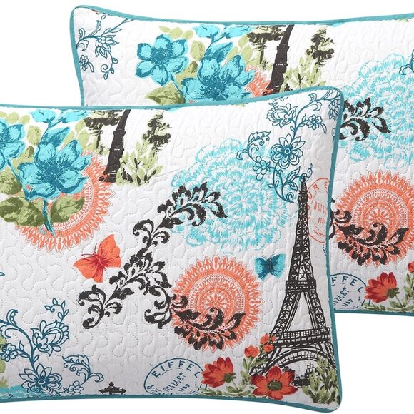 New Eiffel Tower Aqua Blue Reversible Quilt Set • 3 PC • DQ (DoubleQueen) Size - Picture 4 of 5
